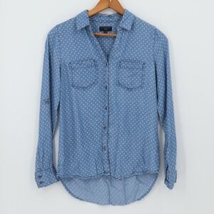 Tinsel Blue Polka Dot Chambray Button Top Womens Roll Tab Sleeve Size  XS